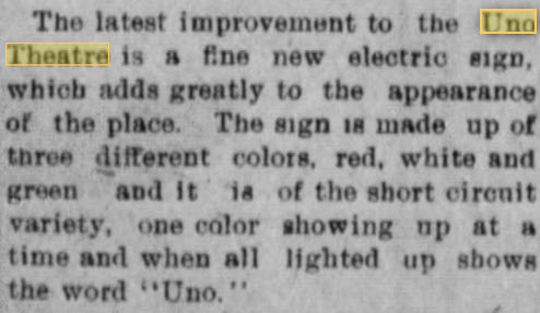 Uno Theatre - March 28 1914 Sign Is Described